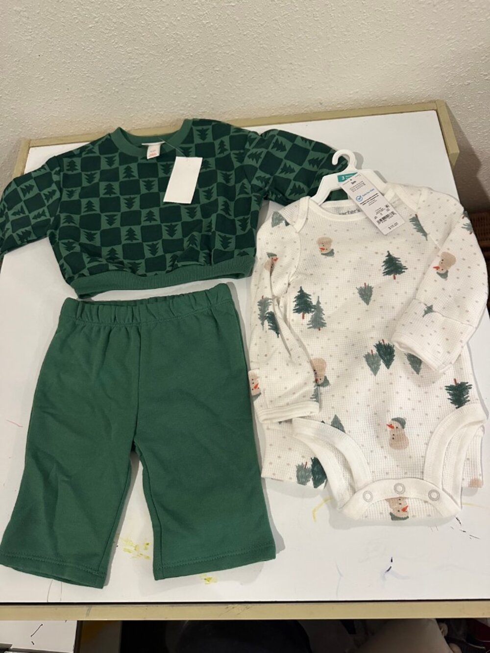 Baby Christmas Lot Cat & Jack Tree Sweatsuit and Carter's Snowman Set NWT